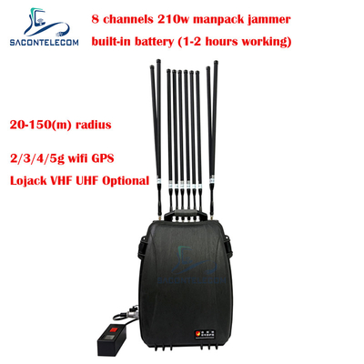 5G Wifi Lojack 150m Manpack Mobile Phone Signal Jammer 8 Channels 230w High Power