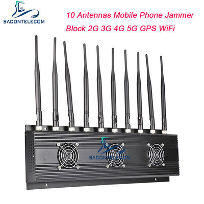 18W Output Power 10 Antennas Mobile Phone Signal Jammer with 40m Jamming Radius for VHF UHF 4G 5G Blocking