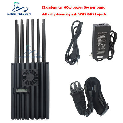 60W High Power Portable Jammer with 40m Radius and 12 Channels for 2G 3G 4G 5G WiFi GPS Lojack