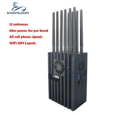 60W High Power Portable Jammer with 40m Radius and 12 Channels for 2G 3G 4G 5G WiFi GPS Lojack