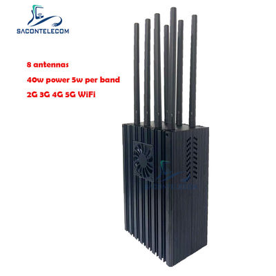 8 Channels Portable Mobile Phone Signal Jammer with 4-10W Per Band and 50m Jamming Radius for 5G