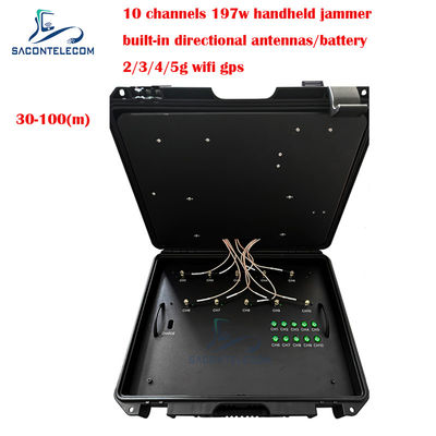 10 Bands 197W High Power Suitcase Mobile Phone Signal Jammer with 100m Range