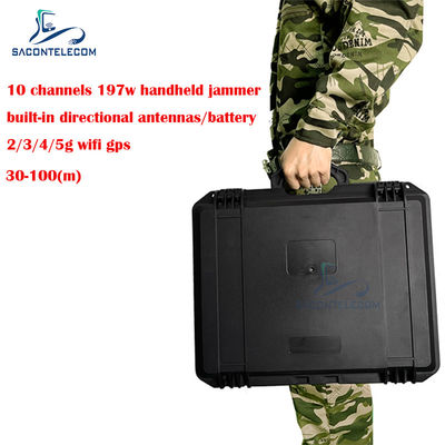 10 Bands 197W High Power Suitcase Mobile Phone Signal Jammer with 100m Range