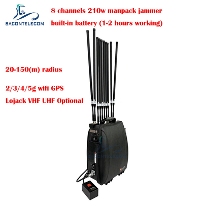 5G Wifi Lojack 150m Manpack Mobile Phone Signal Jammer 8 Channels 230w High Power